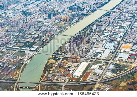 Aerial view of Chengdu district at sunset time. China.