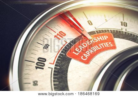 Leadership Capabilities Rate Conceptual Speed Meter with Message on Red Label. Business Concept. 3D render.