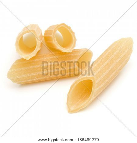 Italian pasta isolated on white background. Pennoni. Penne rigate.