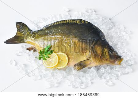 Fresh carp with lemon and parsley on ice