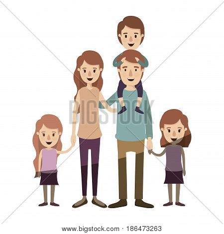 light color shading caricature big family parents with boy on his back and daugthers taken hands vector illustration
