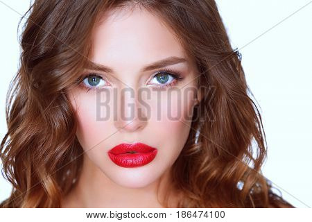 Beautiful woman skin with red lips on white background