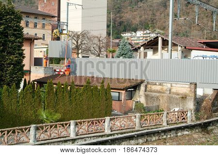 Workers During The Installation Of Noise Barriers On The Railway