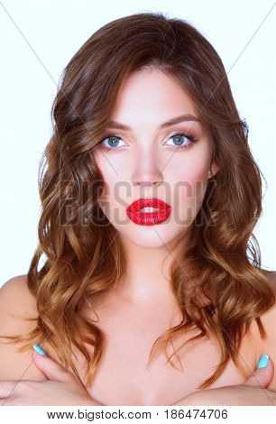 Beautiful woman skin with red lips on white background