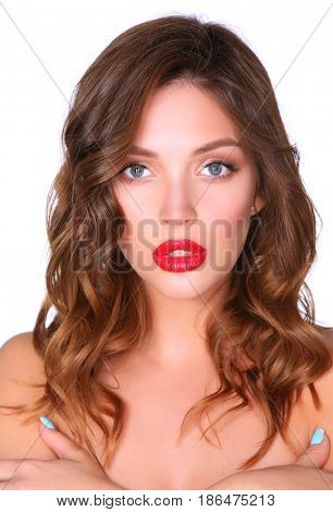 Beautiful woman skin with red lips on white background