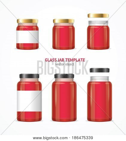 Realistic Glass Jar with Jam, Confiture or Marmalade Template Set Isolated on White Background. Vector illustration