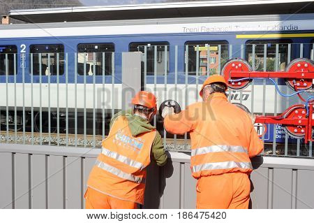Workers During The Installation Of Noise Barriers On The Railway