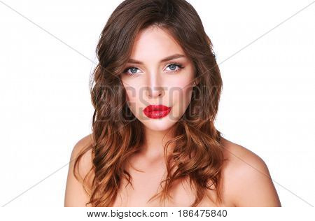 Beautiful woman skin with red lips on white background