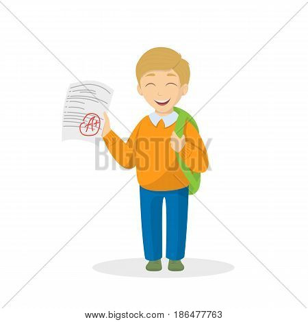 Boy with the highest grade. Happy child with A plus grade.