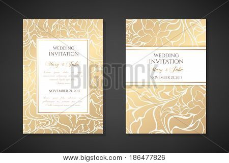 Vintage wedding invitation templates. Cover design with gold abstract ornaments. Vector traditional decorative backgrounds.