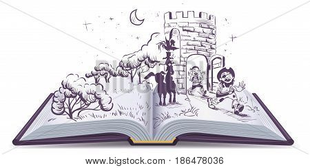 Open book illustration Tale of Bremen musicians. Isolated on white