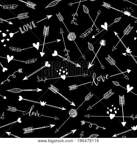 Handdrawn Arraws Seamless Pattern. Vector Black And White Background