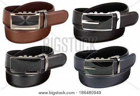 Black and brown Men's belts on white background isolation