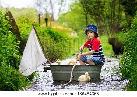 Cute Child, Boy, Playing With Boat And Ducks On A Little Rive