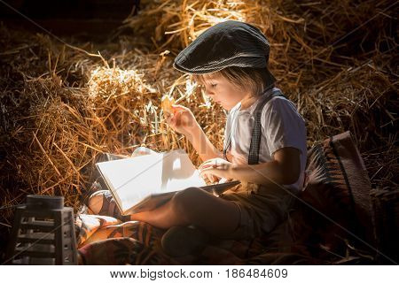 Sweet Child, Boy, Reading A Book On The Attic On A House, Sitting On A Hay Of Straw