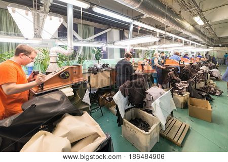 MOSCOW, RUSSIA - FEBRUARY 21, 2017: Moscow shoe factory JSC RALF RINGER. Shop processing of leather blanks.