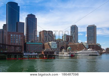 Boston Massachsetts Usa - July 2 2016: Boston Skyline From Seaport Boulevard Bridge.