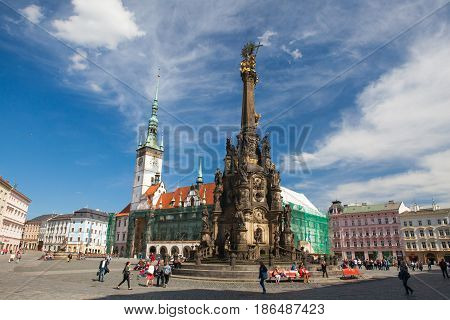 Olomouc Czech Republic - May 5 2017: Town hall and Holy Trinity Column in the main square of the old town of Olomouc Czech Republic.