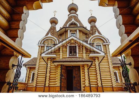 Modern wooden orthodox church in Voronezh, Russia