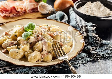 Potato Gnocchi, Italian Potato Dumplings With Cheese Sauce, Ham