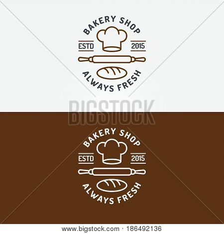 Bakery shop logo set with chefs hat, plunger and loaf line style isolated on background for bread house, loaf store, coffee shop, cupcake firm, food market, cafe. Vector Illustration
