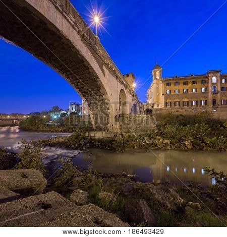 Fabricius Bridge and Tiber Island in the Evening Rome Italy