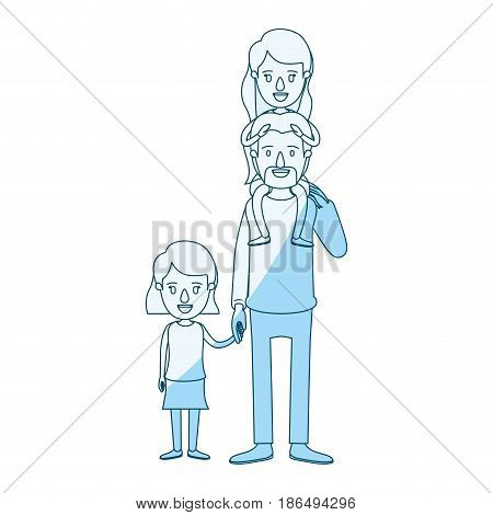 blue silhouette shading caricature dad with daugther on his back and girl taken hands vector illustration