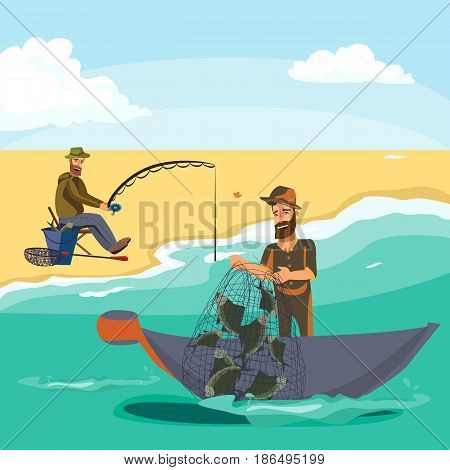 Cartoon fisherman standing in hat and pulls net on boat out of sea, happy fishman holds fish catch and spin vecor illustration fisher threw fishing rod into water concept, man active hobby character.