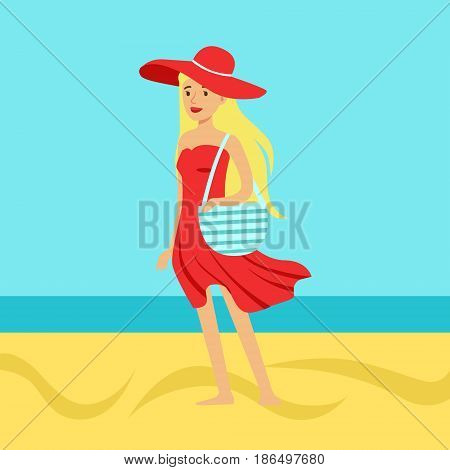 Beatuful woman in a red dress and beach hat against a bright blue sky and sea on a holiday beach, colorful vector Illustration