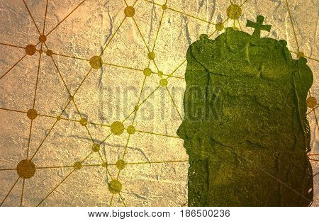 Profile of princess or queen.. Elegant silhouette of a female head. Illustration. Short hair. Monochrome gamma. Grunge texture