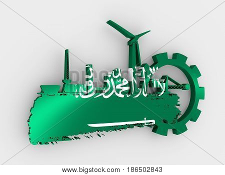 Energy and Power icons set and grunge brush stroke. Energy generation and heavy industry relative image. Flag of the Saudi Arabia. 3D rendering
