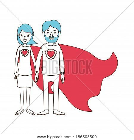 silhouette cartoon with color sections of full body couple parents super hero with heart symbol in uniform vector illustration