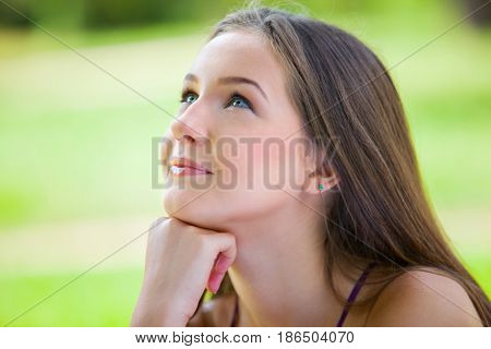Thinking woman pensive daydreaming attractive beauty girl
