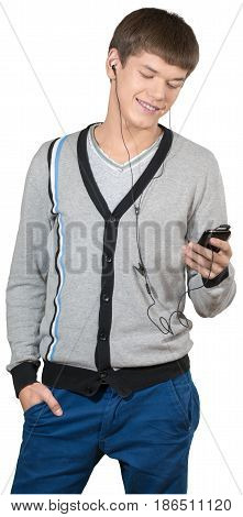 Teen male preppy listening to an MP3 player