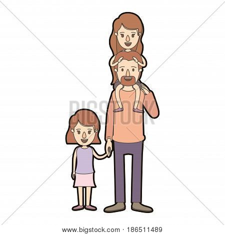 light color caricature thick contour dad with daugther on his back and girl taken hands vector illustration