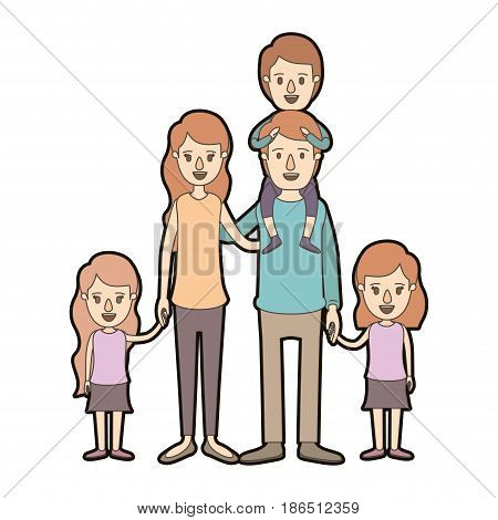light color caricature thick contour big family parents with boy on his back and daugthers taken hands vector illustration