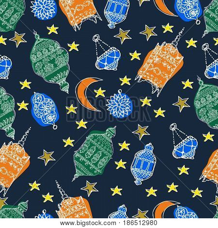 Hand Drawn Vector Ramadan Background. Colorful Seamless Pattern. Islamic Holiday. Lanterns stars crescent arabian style.