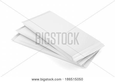 Stack with three chocolate bars with blank white packagings, 3D illustration
