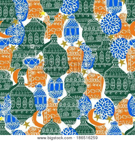 Hand Drawn Vector Ramadan Background. Colorful Seamless Pattern. Islamic Holiday. Lanterns stars crescent arabian style.