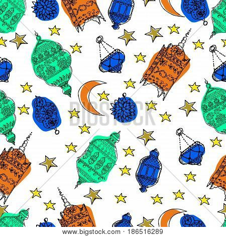 Hand Drawn Vector Ramadan Background. Colorful Seamless Pattern. Islamic Holiday. Lanterns stars crescent arabian style.