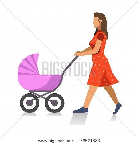 Walking mother with baby carriage isolated on white. Young female person in red summer dress strolling with baby in violet pram. Motherhood concept vector colorful illustration in flat design.