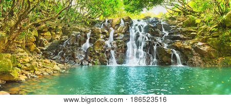 Scenic Cascade Vacoas waterfall. Mauritius island. Panorama