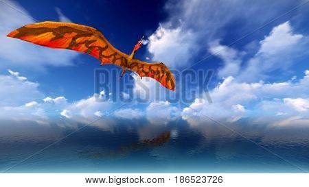Flying pterodactyl against the beautiful cloudscape 3d illustration