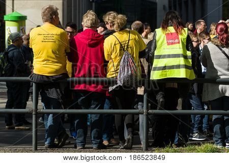 BERLIN - MAY 01 2016: Members of trade unions workers and employees at the demonstration on the occasion of Labour day.