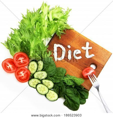 Lettuce Frize, Spinach, Tomatoes, Word Diet, Written Mascarpone, Sour Cream. Fork With Slice Tomato.