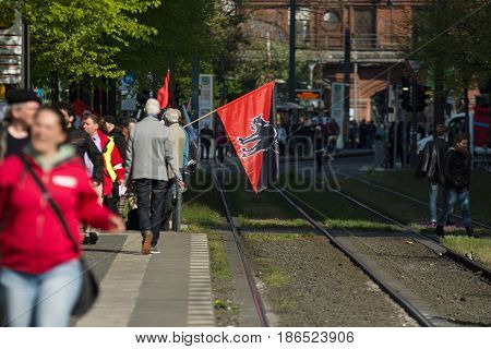 BERLIN - MAY 01 2016: Members of trade unions workers and employees at the demonstration on the occasion of Labour day.