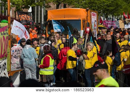 BERLIN - MAY 01 2016: Members of trade unions workers and employees at the demonstration on the occasion of Labour day.