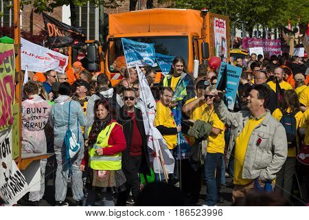 BERLIN - MAY 01 2016: Members of trade unions workers and employees at the demonstration on the occasion of Labour day.