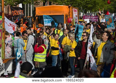 BERLIN - MAY 01 2016: Members of trade unions workers and employees at the demonstration on the occasion of Labour day.