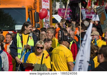 BERLIN - MAY 01 2016: Members of trade unions workers and employees at the demonstration on the occasion of Labour day.
